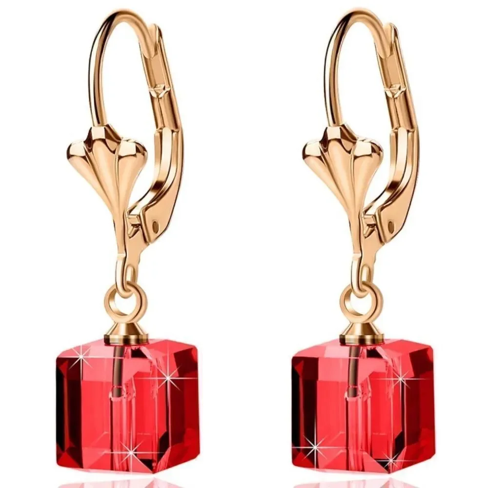 14K Yellow Gold with Ruby Red Austrian Crystal Cube Leverback Dangling Earrings